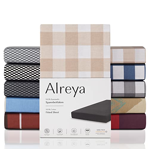 Alreya Renforcé Spannbettlaken 140 x 200 cm - Braun Kariert - 100% Baumwolle - Klassisches Spannbetttuch für Standardmatratzen bis 25cm Matratzenhöhe von Alreya