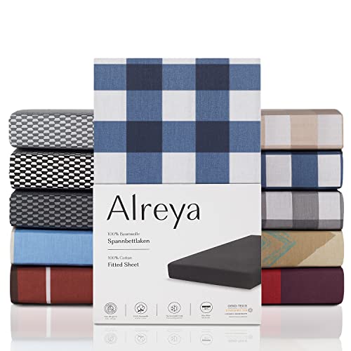 Alreya Renforcé Spannbettlaken 160 x 200 cm - Blau Kariert - 100% Baumwolle - Klassisches Spannbetttuch für Standardmatratzen bis 25cm Matratzenhöhe von Alreya