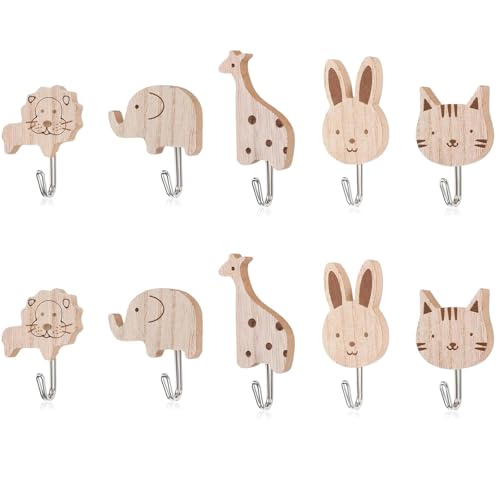 Alriedy 5 Stück Kleiderhaken Kinder Kindergarderobe Haken – Tier-Wandhaken Aus Holz, Selbstklebend Für Kinderzimmer, Schlafzimmer (10pcs Ganzkörper-Modell) von Alriedy