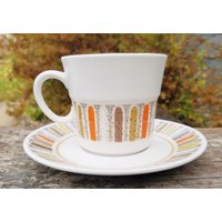 Jahrgang 1970 Set Von Vier Noritake Progression Mardi Gras 9019 Tasse Und Untertasse, Hergestellt in Japan, Orange, Braun, Gelb, Tan, Mod, Retro von AlsRedesign