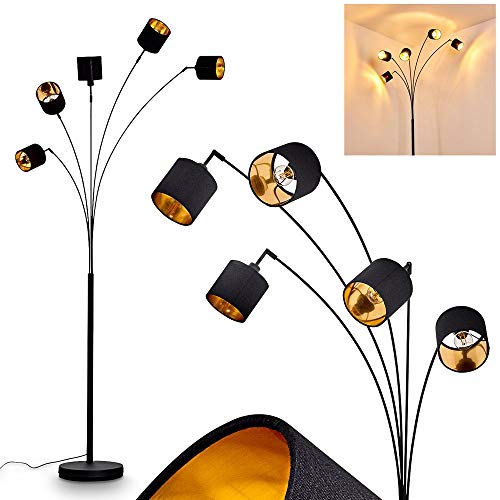 Stehlampe Alsen, moderne Stehleuchte aus Metall/Stoff in Schwarz/Gold, 5-flammig, 5 x E14, Höhe 204 cm, Bodenlampe mit verstellbaren Textil-Schirmen und Fußschalter am Kabel, ohne Leuchtmittel von HOFSTEIN