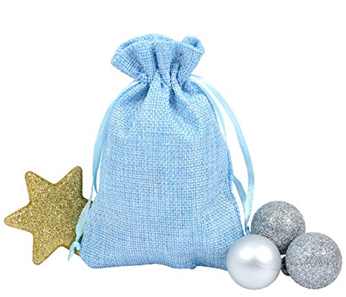 Adventskalender Beutel Bunt Geschenkbeutel Jutesäckchen Stoff Weihnachten Stoffbeutel Säckchen Stoffsäckchen mit Kordelzug (hellblau) von Alsino