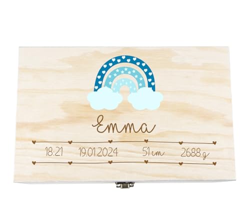 Alsino Erinnerungsbox Baby - 27x17x11.2 cm - Regenbogen - Geschenk zur Geburt - Personalisiert - Holzkiste Natur von Alsino