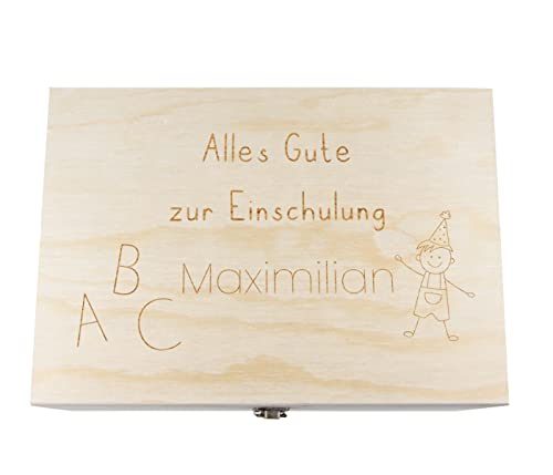 Alsino Holzkiste mit Deckel für die Einschulung - personalisiert Natur Aufbewahrungskiste Erinnerungsbox & Geschenkkiste (33x23x16 cm, Einschulung-8) von Alsino