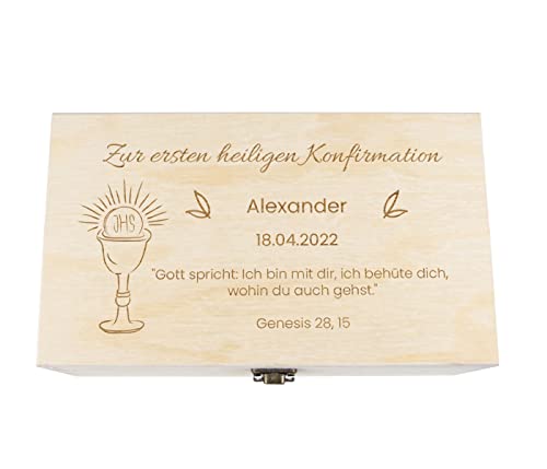 Geschenk Konfirmation personalisiert Geschenkidee mit Wunschtext - Holzbox mit Deckel Natur mit Gravur, Größe: 24x14x10 cm, Motiv: Konfirmation-1 von Alsino