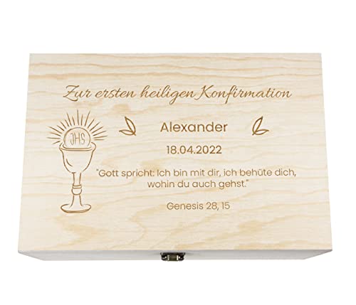 Geschenk Konfirmation personalisiert Geschenkidee mit Wunschtext - Holzbox mit Deckel Natur mit Gravur, Größe: 30x20x14 cm, Motiv: Konfirmation-1 von Alsino