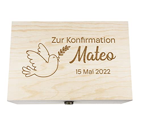 Geschenk Konfirmation personalisiert Geschenkidee mit Wunschtext - Holzbox mit Deckel Natur mit Gravur, Größe: 30x20x14 cm, Motiv: Konfirmation-2 von Alsino