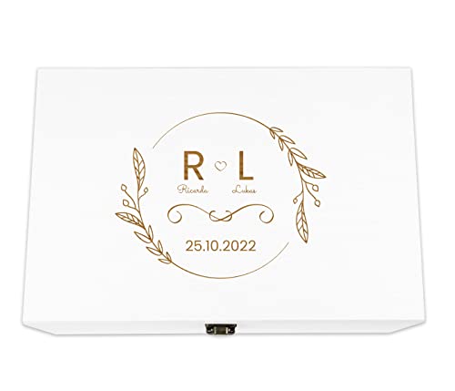 Holzkiste Hochzeit weiß personalisiert mit Deckel für die Hochzeit Holzbox Geschenk - Natur Aufbewahrungskiste Erinnerungsbox & Geschenkkiste, 30 x 20 x 14 cm, Hochzeit-3 von Alsino