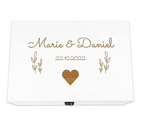 Holzkiste Hochzeit weiß personalisiert mit Deckel für die Hochzeit Holzbox Geschenk - Natur Aufbewahrungskiste Erinnerungsbox & Geschenkkiste, 30 x 20 x 14 cm, Hochzeit-5 von Alsino