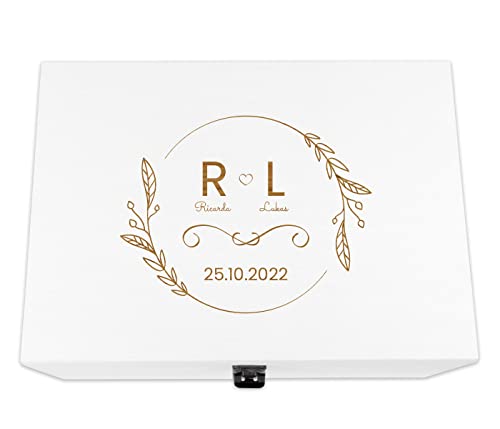 Holzkiste Hochzeit weiß personalisiert mit Deckel für die Hochzeit Holzbox Geschenk - Natur Aufbewahrungskiste Erinnerungsbox & Geschenkkiste, 40 x 26 x 18 cm, Hochzeit-3 von Alsino
