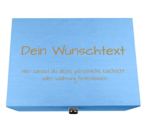 Holzkiste blau personalisierbar mit Gravur Geschenkbox Personalisiertes Geschenk Holzbox Deckel Aufbewahrungsbox Wunschtext, 40 x 26 x 18 cm von Alsino