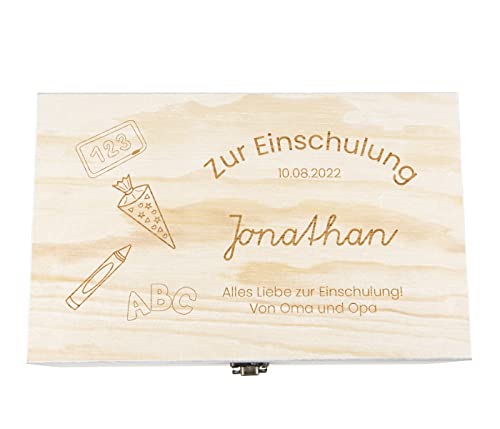 Alsino Holzkiste mit Deckel für die Einschulung - personalisiert Natur Aufbewahrungskiste Erinnerungsbox & Geschenkkiste (27x17x12 cm, Einschulung-5) von Alsino