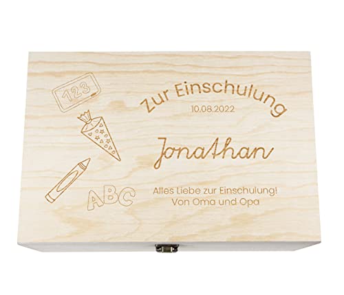 Alsino Holzkiste mit Deckel für die Einschulung - personalisiert Natur Aufbewahrungskiste Erinnerungsbox & Geschenkkiste (30x20x14 cm, Einschulung-5) von Alsino