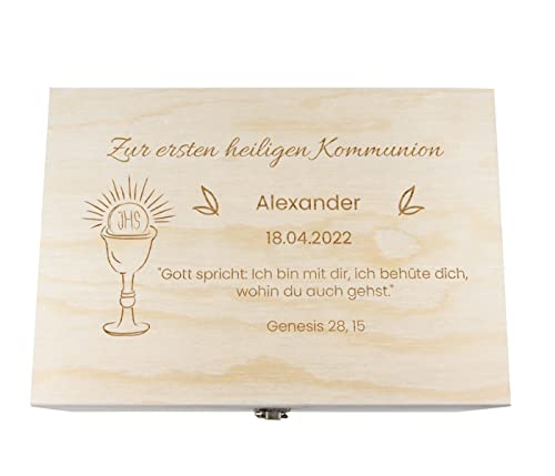 Holzkiste mit Deckel für die Kommunion - personalisiert Natur Aufbewahrungskiste Erinnerungsbox & Geschenkkiste, Größe: 33x23x16 cm, Motiv: Kommunion-1 von Alsino