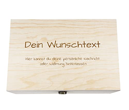 Holzkiste mit Gravur Geschenkbox Personalisiertes Geschenk Holzbox Deckel Aufbewahrungsbox Wunschtext, Größe: 30x20x14 cm, Motiv: Wunschtext von Alsino