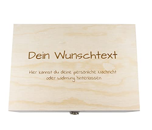 Holzkiste mit Gravur Geschenkbox Personalisiertes Geschenk Holzbox Deckel Aufbewahrungsbox Wunschtext, Größe: 33x23x16 cm, Motiv: Wunschtext von Alsino