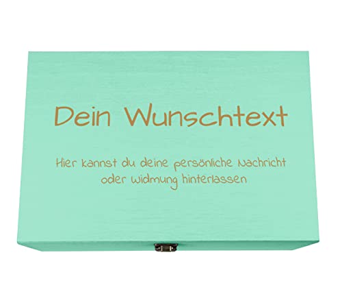 Holzkiste türkis grün personalisierbar mit Gravur Geschenkbox Personalisiertes Geschenk Holzbox Deckel Aufbewahrungsbox Wunschtext, 30 x 20 x 14 cm von Alsino