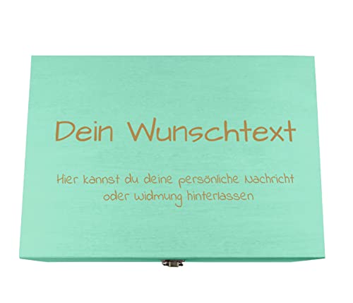 Holzkiste türkis grün personalisierbar mit Gravur Geschenkbox Personalisiertes Geschenk Holzbox Deckel Aufbewahrungsbox Wunschtext, 32 x 23 x 16 cm von Alsino
