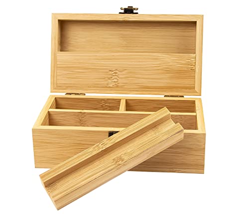 Stash Box Premium Bambus Stoner Rollbox Holzbox Holzkiste Aufbewahrung für Weed/Gras feinste Rolling Kräuter geruchsdicht verschließbar mit Fächern - 19x7,7x10 cm von Alsino