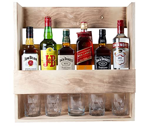 Whisky Regal Holz Weinregal Wand-Bar Rustikal Flaschenhalter Platz für 5-6 Flaschen Massiv Industrie Style - aus deutscher Holzmanufaktur, (Whiskeyregal geflammt 52x52x14 cm) von Alsino