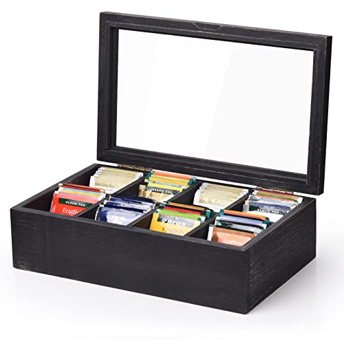 Alsonerbay Teebox aus Massivholz schwarz, Teebeutel Aufbewahrungsbox 32.5x20x9.7cm groß Teekiste mit 8 Fächer und Sichtfenster Tea Organiser Vorratsbox für Teebeutel Kaffeeweißer Gewürzbeutel von Alsonerbay