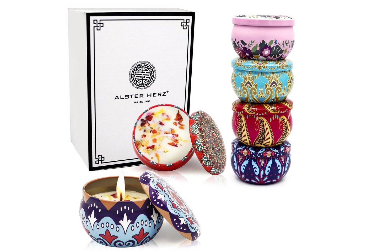 Alster Herz Duftkerze Sojawachs Duftkerzen Geschenkset, mit getrockneten Blüten, K003 (6-tlg), Aromatherapie, Bad, Yoga, Massage, Entspannung von Alster  Herz