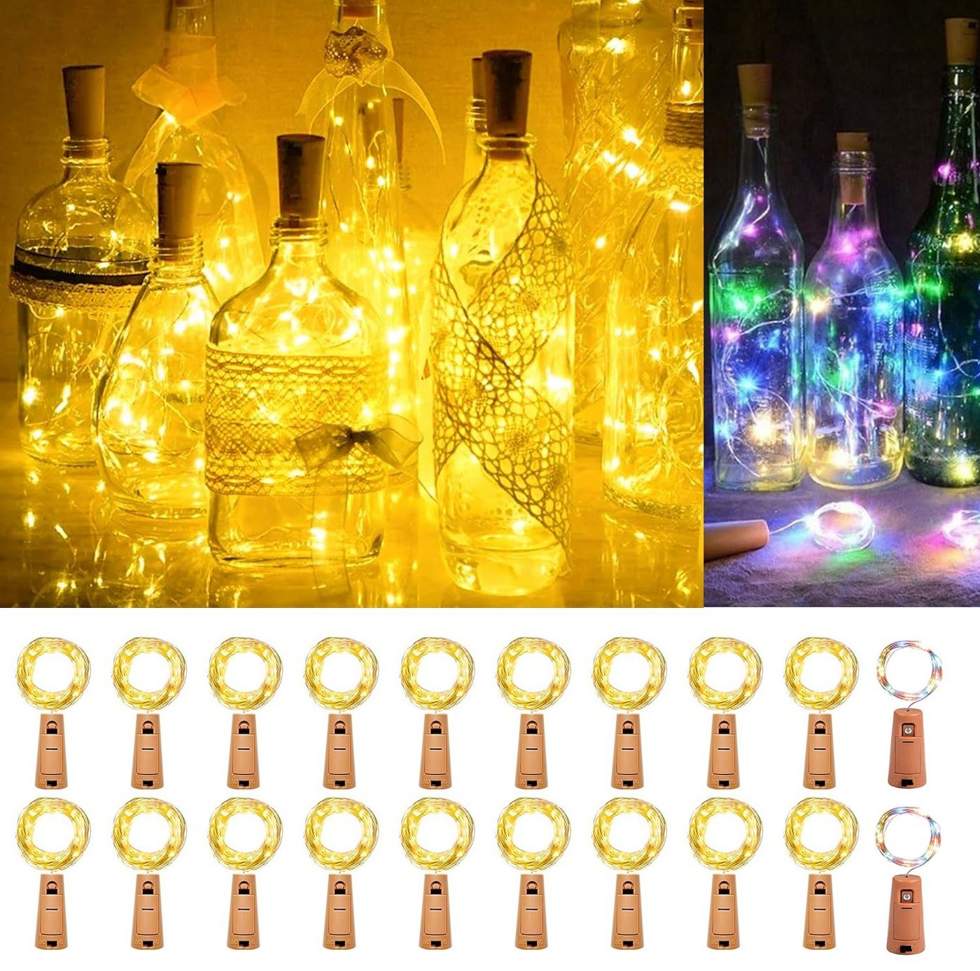 Alster Herz LED-Lichterkette 10 Flaschenlicht Batterie, Flaschenlichterkette Korken 2M 20LED E0399, Deko für DIY, Party, Hochzeit, Weihnachten von Alster  Herz