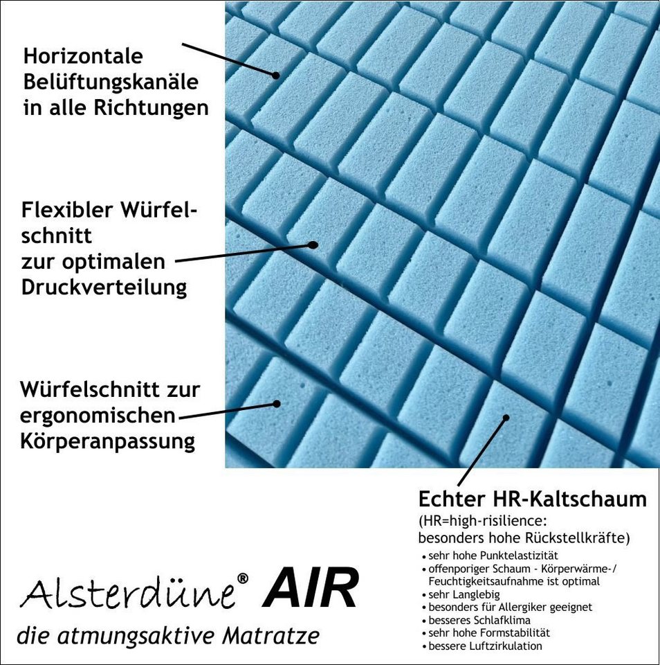 Kaltschaummatratze ALSTERDÜNE® AIR, H: 16cm, 9-Zonen, div. Größen, RG 45, Bezug Cashmere, Alsterdüne, 8 % Cashmere Anteil! von Alsterdüne