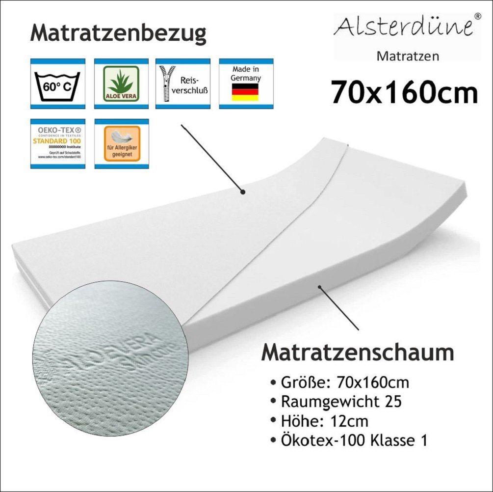 Kindermatratze ALSTERDÜNE Juniorbettmatratze: 70x160cm, Höhe 12cm, Bezug AloeVera, Alsterdüne, 12 cm hoch von Alsterdüne