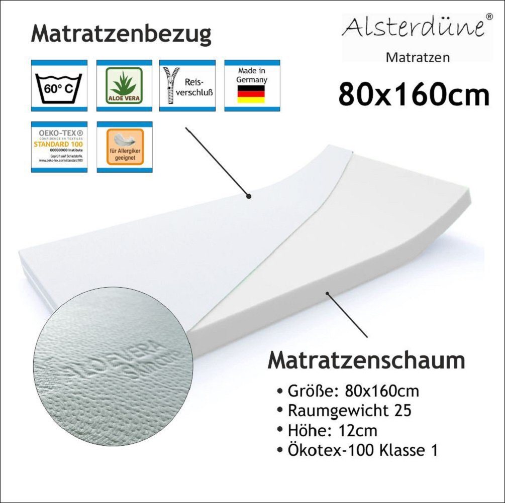 Kindermatratze ALSTERDÜNE Juniorbettmatratze: 80x160cm, Höhe 12cm, AloeVera, Alsterdüne, 12 cm hoch von Alsterdüne