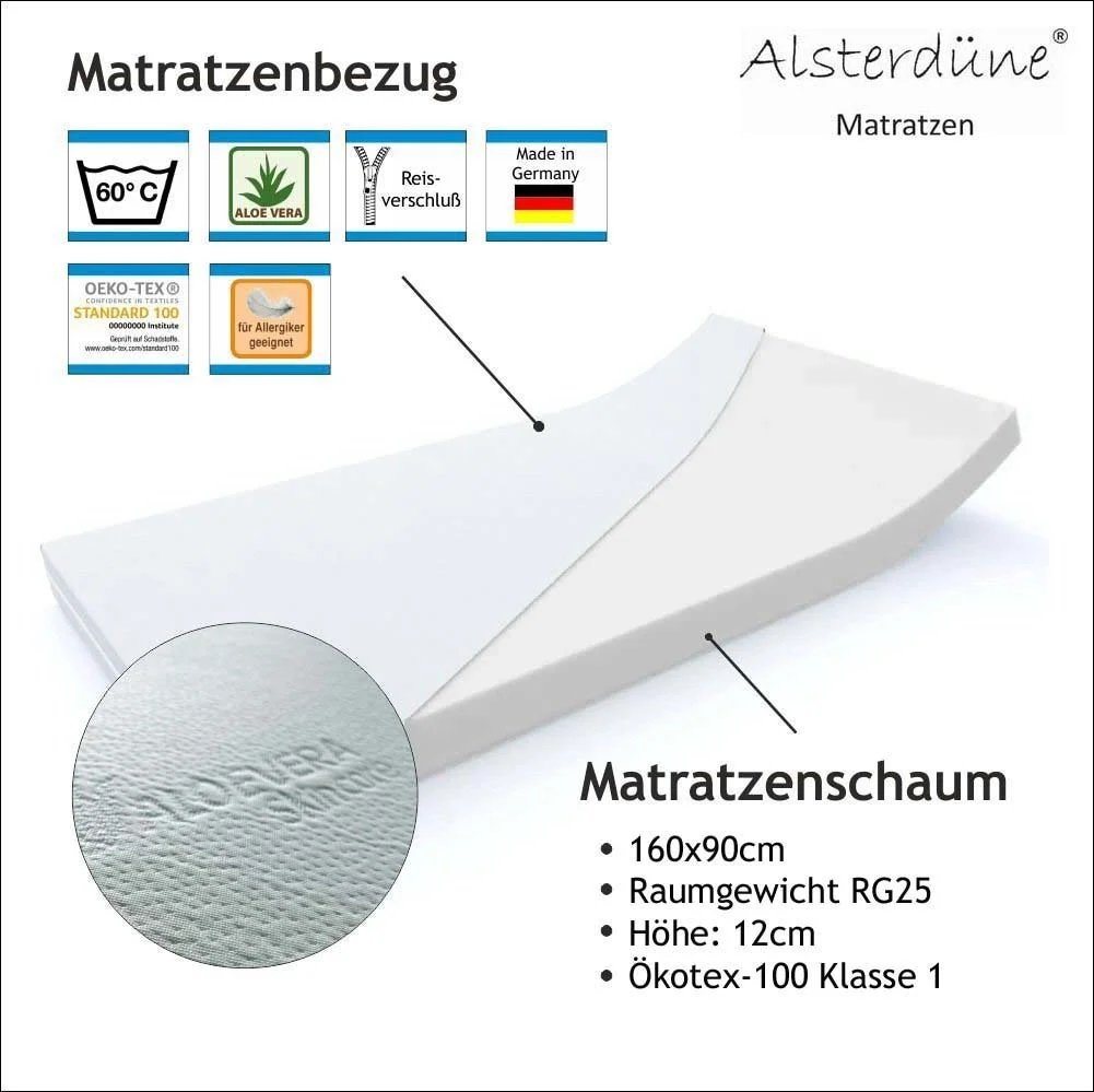 Kindermatratze ALSTERDÜNE Juniorbettmatratze: 90x160cm, Höhe 12cm, Schadstoffgeprüft, Alsterdüne, 12 cm hoch von Alsterdüne