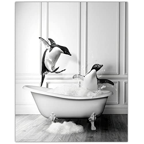 Leinwandbild, Motiv: Pinguin in der Badewanne, Badezimmer-Kunst, Wanddekoration, Tierdruck, Malbild, Schwarz-Weiß, Kunstwerk-Poster, ohne Rahmen (30 x 40 cm - 1) von Altaba