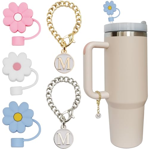 Altally 3 x Strohhalm-Abdeckung für Stanley Cup 76 ml 10 mm Blume Silikon Strohhalm Topper Schutzdeckel mit 2 personalisierten Buchstaben-Anhängern Stanley Tumblers Zubehör (3 Blumen + 2 Buchstaben M) von Altally