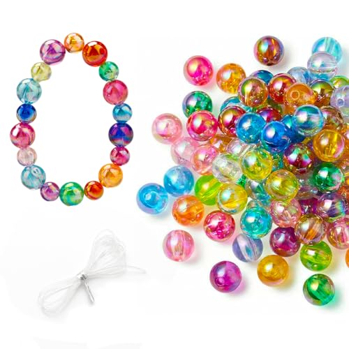 Altaroo 200 Stück Acrylperlen, Perlen zum Auffädeln, Perlen Groß 10mm 8mm Mit elastischem Seil 2m, Große Perlen Bunte mit Loch Runde Durchsichtig, Bastelperlen zum Auffädeln für Armbänder, Halsketten von Altaroo