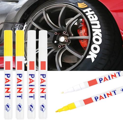 Altaroo 4 Stück Reifenstift, Reifen Stift Weiß Gelb, Reifen Stift Weiß Wasserfest, Reifenstift Weis Wasserfest für Auto Motorrad Reifen, Glas, Metall, Gummi von Altaroo