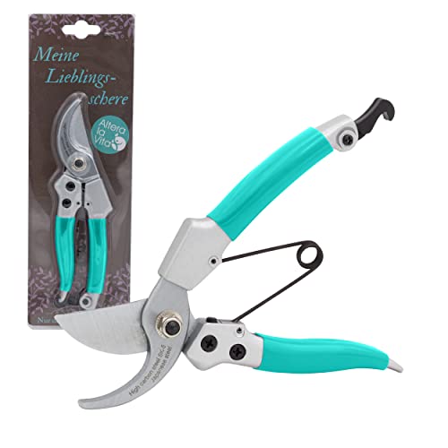 ALTERA LA VITA Professionelle Floristenschere, Gartenschere, Baumschere, Rosenschere | klein ergonomisch für Rechts- und Linkshänder | Bypass-Schere hochwertige scharfe SK5-Stahl Klingen 18 cm Türkis von Altera la Vita