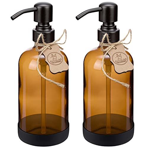 ALTGLAS Seifenspender 'Sarajevo' - Doppel Set Dusch Spender aus Braun Glas Flasche mit Silikon Untersetzer und 304 Edelstahl Pumpkopf in Matt-Schwarz (2 Stück a 500 ml) von Altglas