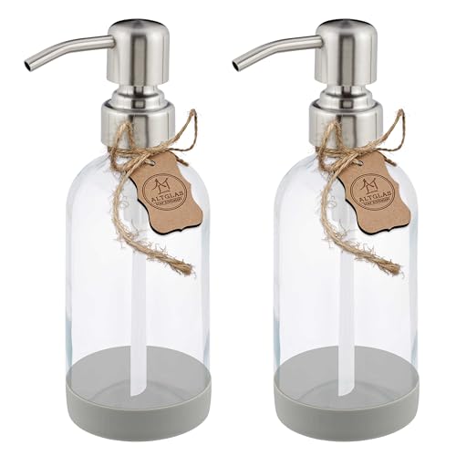 ALTGLAS Seifenspender 'Sarajevo' - Doppel Set Dusch Spender aus Klar Glas Flasche mit Silikon Untersetzer und 304 Edelstahl Pumpkopf in gebürstetem Silber (2 Stück a 250 ml) von Altglas