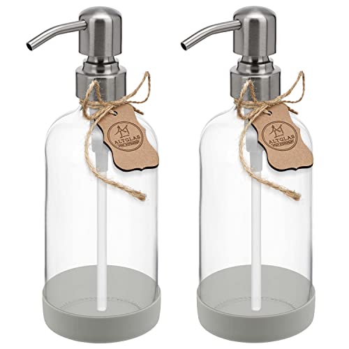 ALTGLAS Seifenspender 'Sarajevo' - Doppel Set Dusch Spender aus Klar Glas Flasche mit Silikon Untersetzer und 304 Edelstahl Pumpkopf in gebürstetem Silber (2 Stück a 500 ml) von Altglas