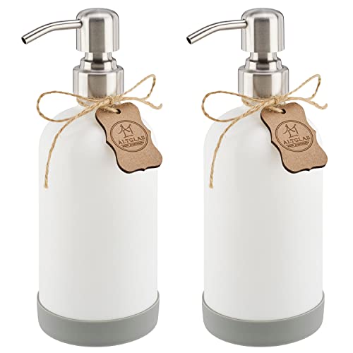 ALTGLAS Seifenspender Set 'Sarajevo' aus Weißer Glas Flasche mit Edelstahl Pumpkopf und Silikon Untersetzer (2 Stück a 500 ml) von Altglas