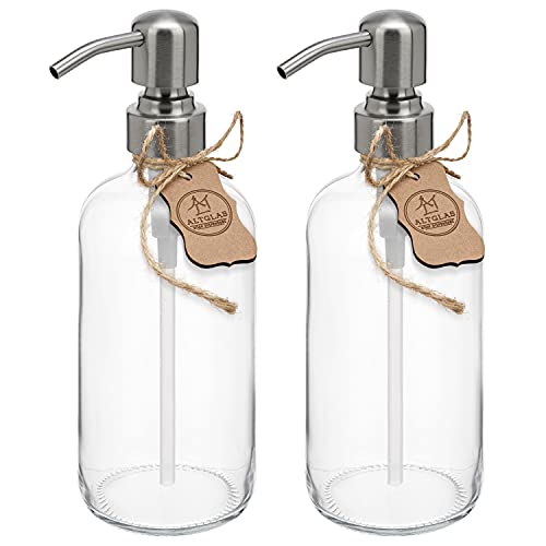 ALTGLAS Seifenspender 'Sarajevo' - Doppelspender Set aus Klar Glas Flasche mit 304 Edelstahl Pumpkopf in gebürstetem Silber (2 Stück a 500 ml) von Altglas