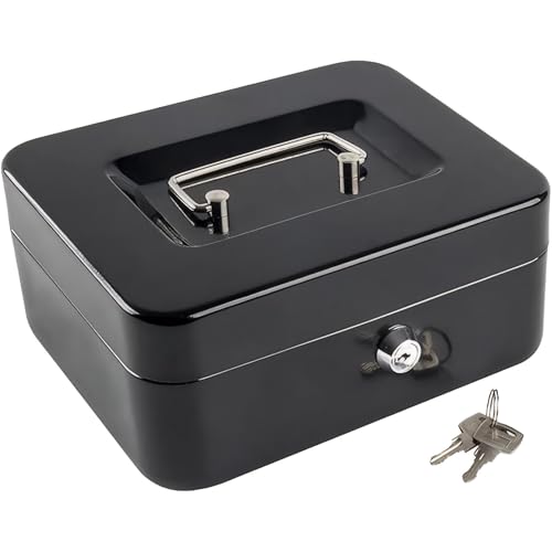 Altikeep Portable Key Lock Cash Box Safe with Removable Coin Tray, Metal Safe Box with Handle, Sturdy & Durable Security Box, 25x20x9cm, Schwarz von AltiKeep