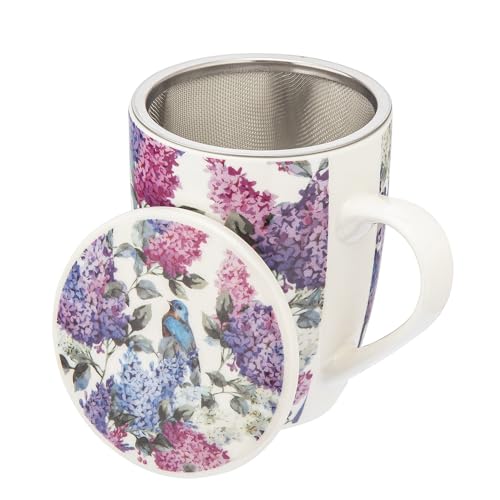 Altom Design Kräuterteetasse mit Deckel und Metallsieb Teesieb Frühlingstasse aus Porzellan Blumen 340ml (Flieder) von Altom Design