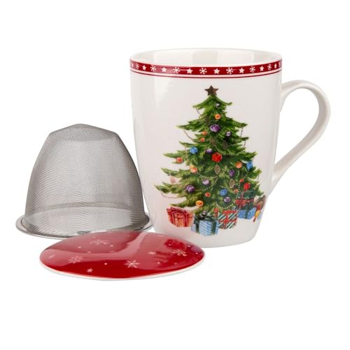 Altom Design Kräuterteetasse mit Deckel uns Sieb Weihnachtstasse aus Porzellan Christmas Tree Weihnachtsbaum von Altom Design