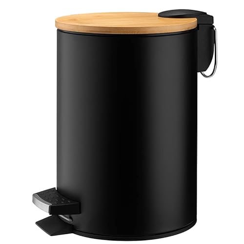 Kosmetikeimer Mülleimer mit Bambus-Deckel und Pedal - 3L pulverbeschichtetes Metall Matt Bambus (Schwarz) von Altom Design