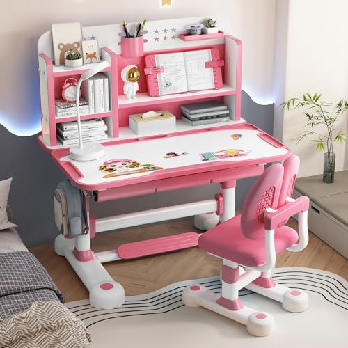 Altsuceser Kids Study Desk Chair Set, Height Adjustable Children School Study Table Chair Set with Sitting Corrector, Ergonomic Desk Chair with Book Stand, Foot Pedal, Partition Design (Pink, Blue) P von Altsuceser