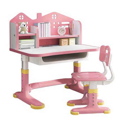 Altsuceser Kids Study Desk and Chair Set, Castle Shape Ergonomic Desk with Storage Drawer, Height Adjustable Children Study Table Suitable for Children 3-12 Pink von Altsuceser