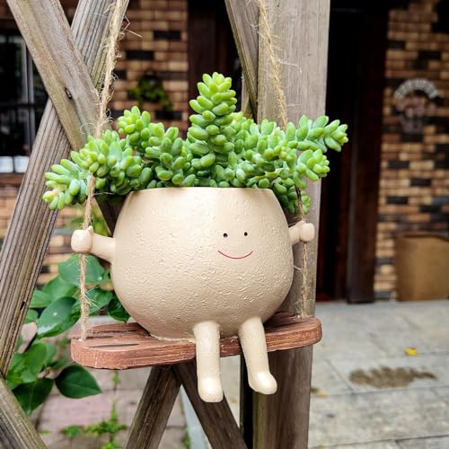 Altsuceser Swing Face Planter Pot Hanging Head Planter for Indoor Outdoor Plant, Durable Hanging Planters, Cute Swing Flower Pots DIY Gifts for Family and Friends Home Garden Decoration Beige von Altsuceser