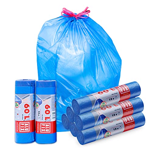 ALUFIX Müllsäcke 60L - 64x70 cm - 8 Rollen mit Zugband - Material LDPE - Extrem Reißfest Blaue Mülltüten - 8 Rollen mit je 15 Stück - Ideal für Reparaturen und Gewerbeabfälle von Alufix