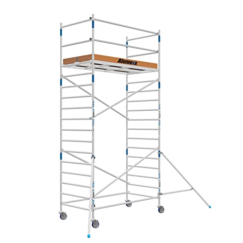 ALX Basic-Line Rollgerüst 135-6,2 m Arbeitshöhe - Baugerüst - Innengerüst - Aluminiumgerüst - Gerüst für den Innen- und Außenbereich - (Holz Plattform, 250) von Alumexx